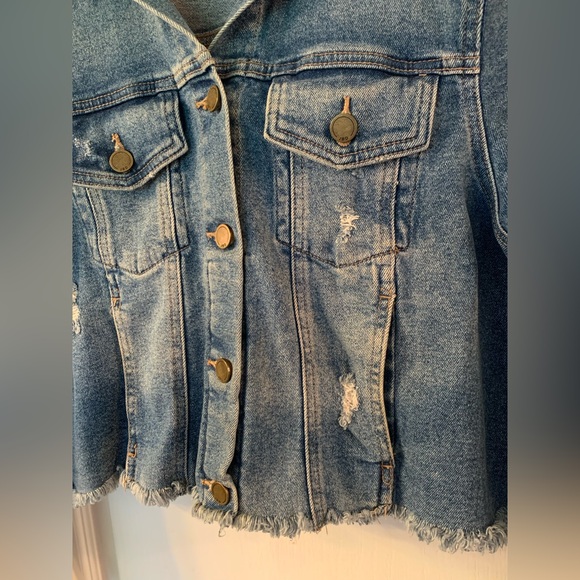 Just Black Denim Dark Wash Semi Destroyed Jean Jacket Front Pockets Crop - Large - Picture 4 of 10